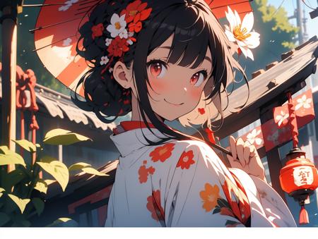 18575-1475327104-,1girl, oil-paper umbrella, umbrella, japanese clothes, smile, solo, red eyes, kimono, looking at viewer, hair ornament, flower,.png